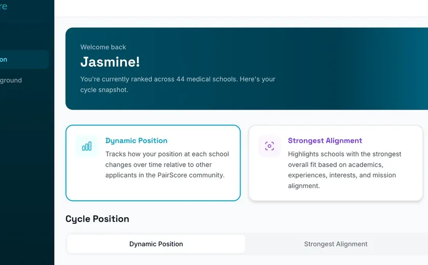 The Cycle Position screen, listing schools with their PairScore, attainability, Position Tier, percentile and movement.