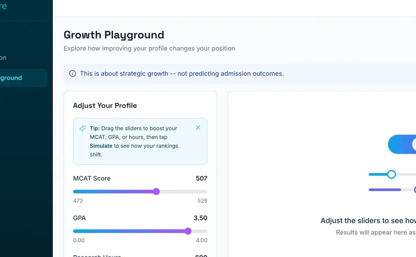 The Growth Playground screen, with sliders for MCAT score, GPA, research hours, clinical hours and service hours, and a list of saved scenarios.